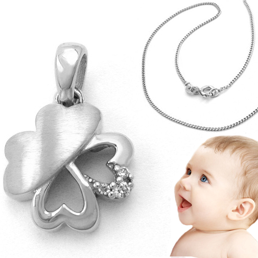 Baby Kinder Herz GlüCks Klee Blatt Zirkonia AnhäNger Silber 925 Mit 36 Cm Kette-image