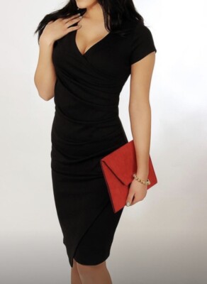 Womens Fashion Short Sleeve V-Neck Elegant Casual Dress Black Knee Length | eBay Womens Fashion Short Sleeve V-Neck Elegant Casual Dress Black Knee Length | eBay