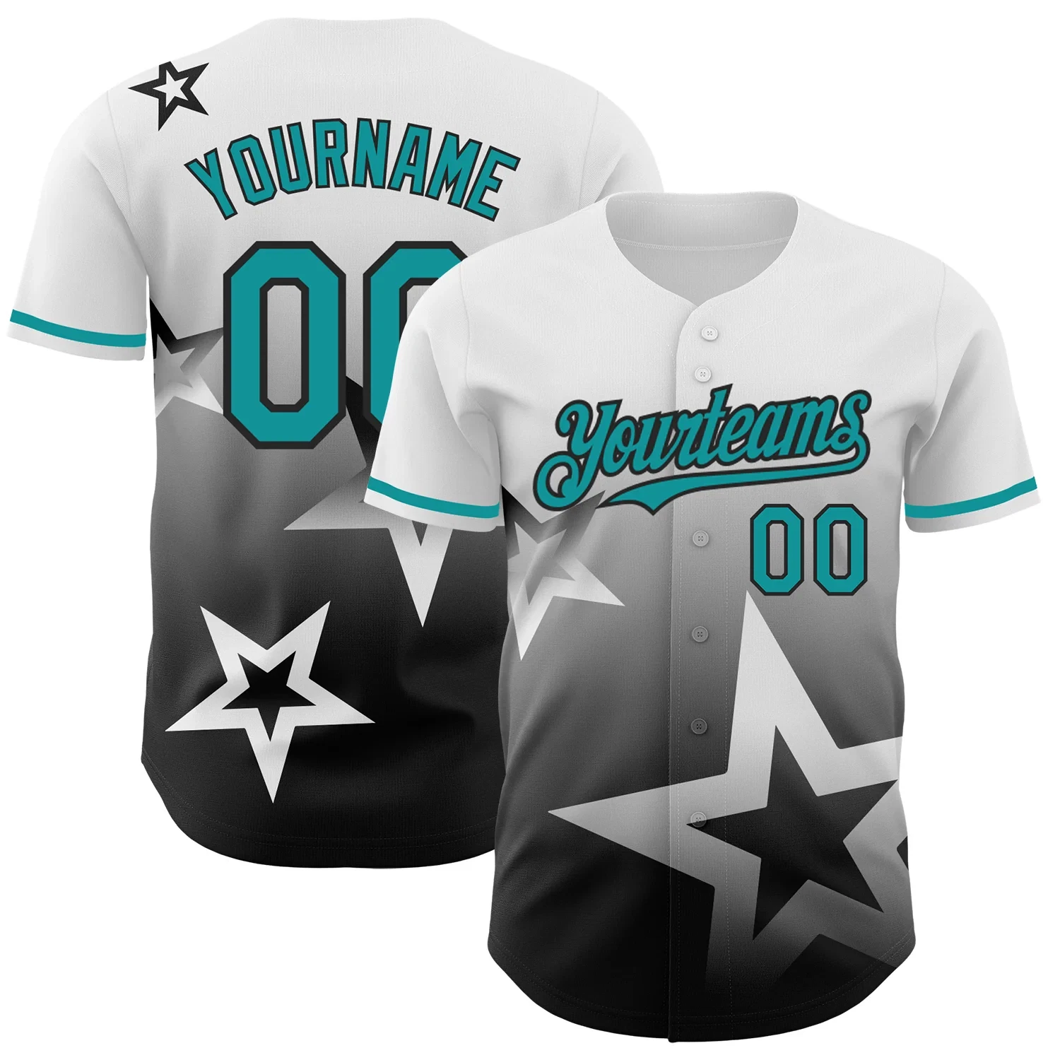 CUSTOM TEAL-BLACK 3D PATTERN DESIGN GRADIENT STYLE TWINKLE STAR BASEBALL JERSEY