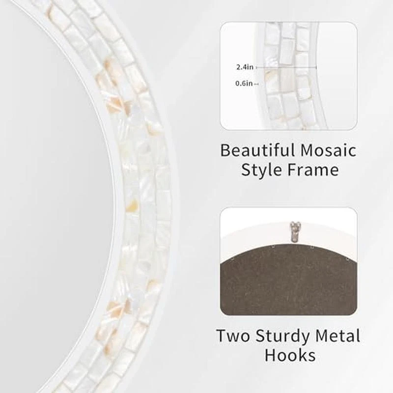 24in Natural Shell Mosaic Wall Mirror Decorative Home Bathroom Mirror Wooden New - Image 3 of 4