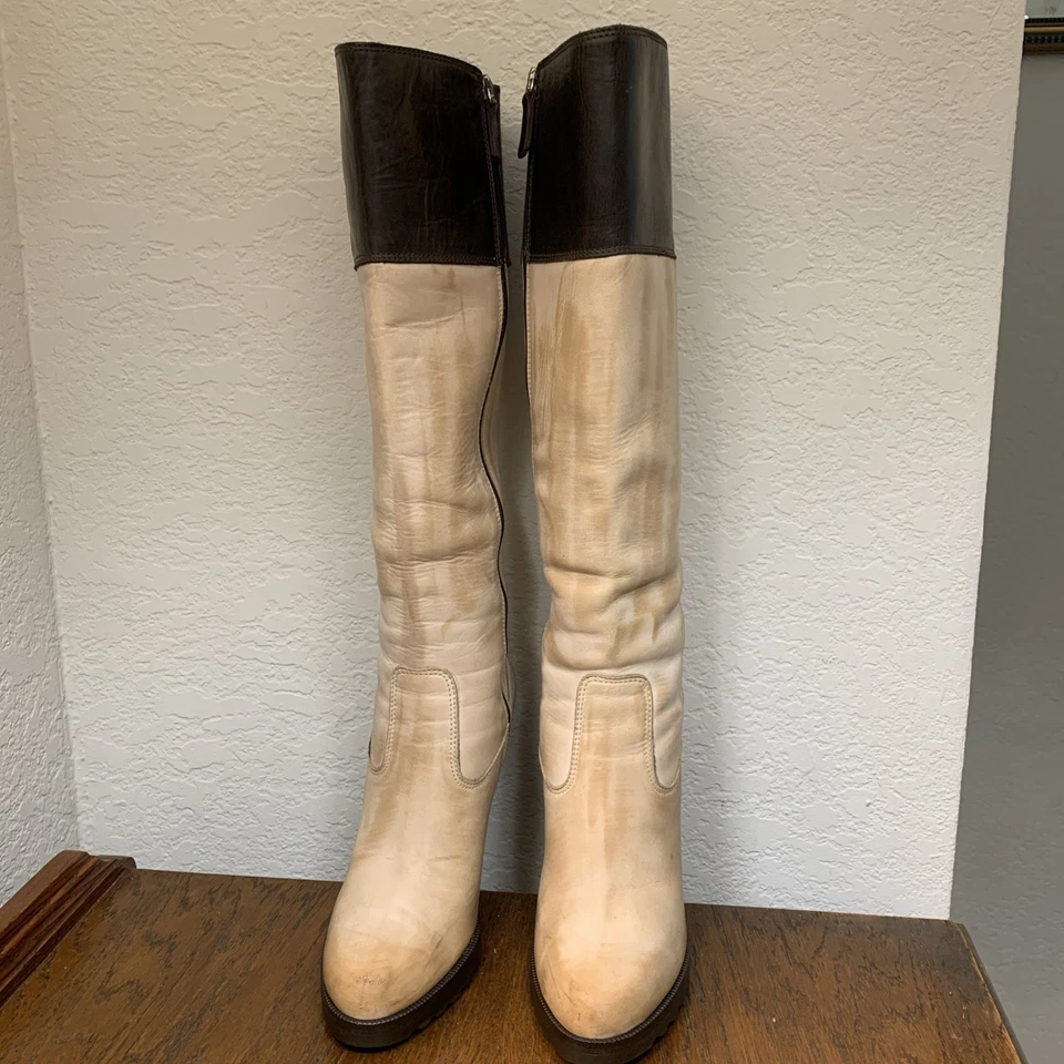 Botas de cuero Donald J. Pliner para mujer 7M dos tonos tacón alto hasta la rodilla Skywalk tostadas Foto 2 de 4