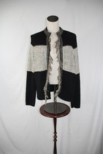 Chico's Women's Black White Gray Open Fringe Trim Knit Jacket Size 2 Large