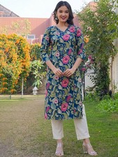 Indian Women Blue Pink Cotton Floral Printed Kurta Kurti Top Tunic New Dress