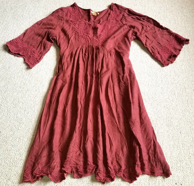 Womens Dress-APRIL CORNELL-maroon floral embroidered Peasant BOHO artsy midi-XL