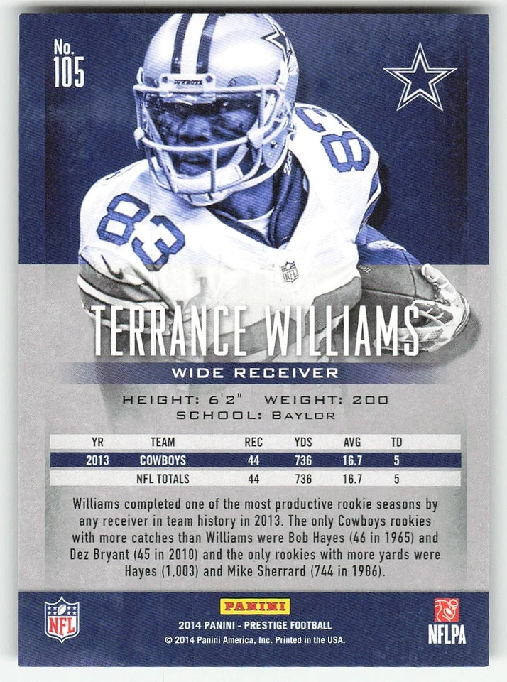 2014 Panini Prestige #105 Terrance Williams FOOTBALL Dallas Cowboys - Image 2 of 2