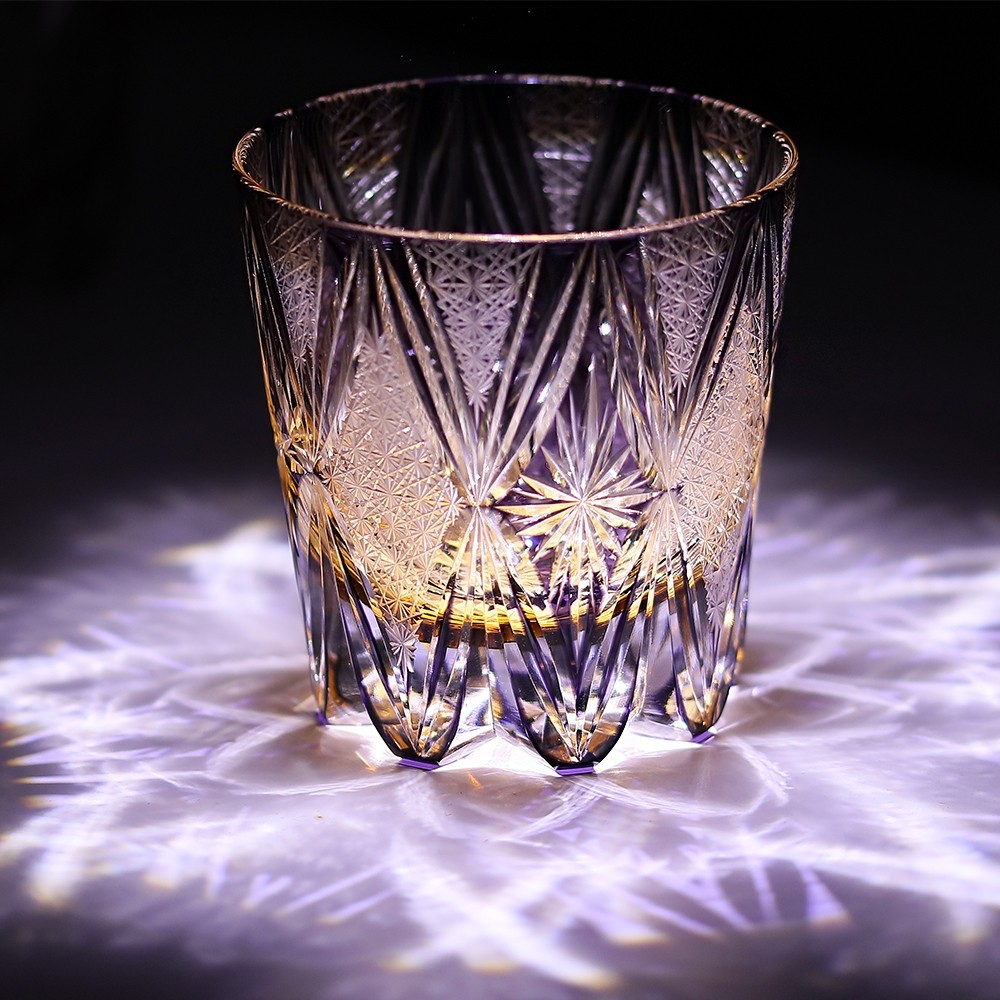 Purple Colored Edo Kiriko Glass Handmade Whisky Glass Drinking Glass 11oz-image