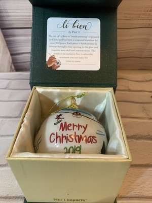 Pier 1 ''Merry Christmas 2019'' Skiing Hand Painted Glass Ornament  Li Bien  NIB