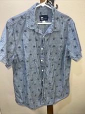Mens Route 66 Modern Fit Blue Short Sleeve Button Front Shirt Palm Trees Size L