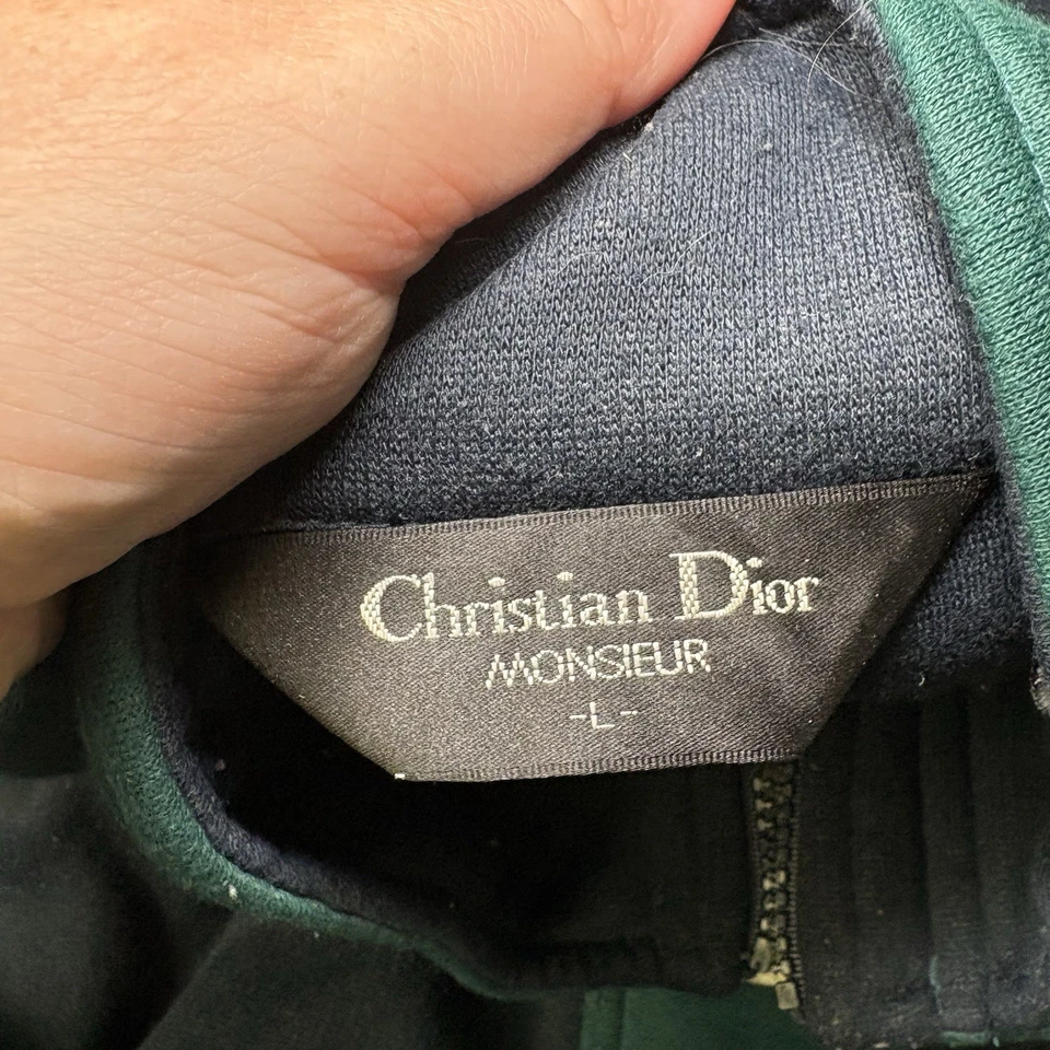 Vtg Christian Dior Monsieur Navy/Green Wide Horizontal Stripe Zip/Button Sweater - Image 4 of 4