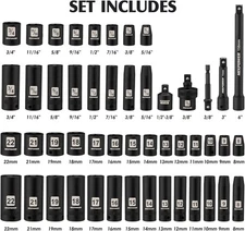 3/8" Drive Deep Impact Socket Set 6 Point 49 Piece Standard SAE and Metric Sizes