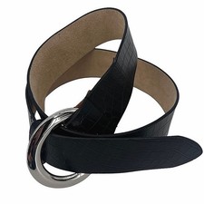 Wide Leather Black Belt Faux Croc Round Metal Buckle Size Large Womens