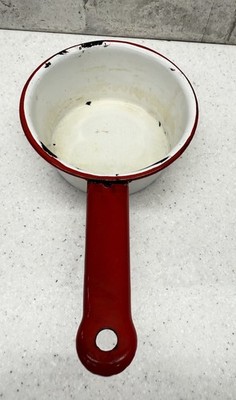 Vintage White & Red Enamel Saucepan Rustic Cabin Farmhouse Kitchen Decor
