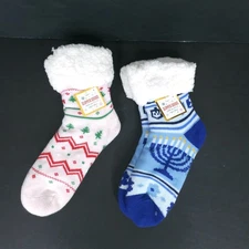 Lot of 2 Sherpa Lined Slipper Socks Christmas Hanukkah Non-Slip Adult 9 to 11