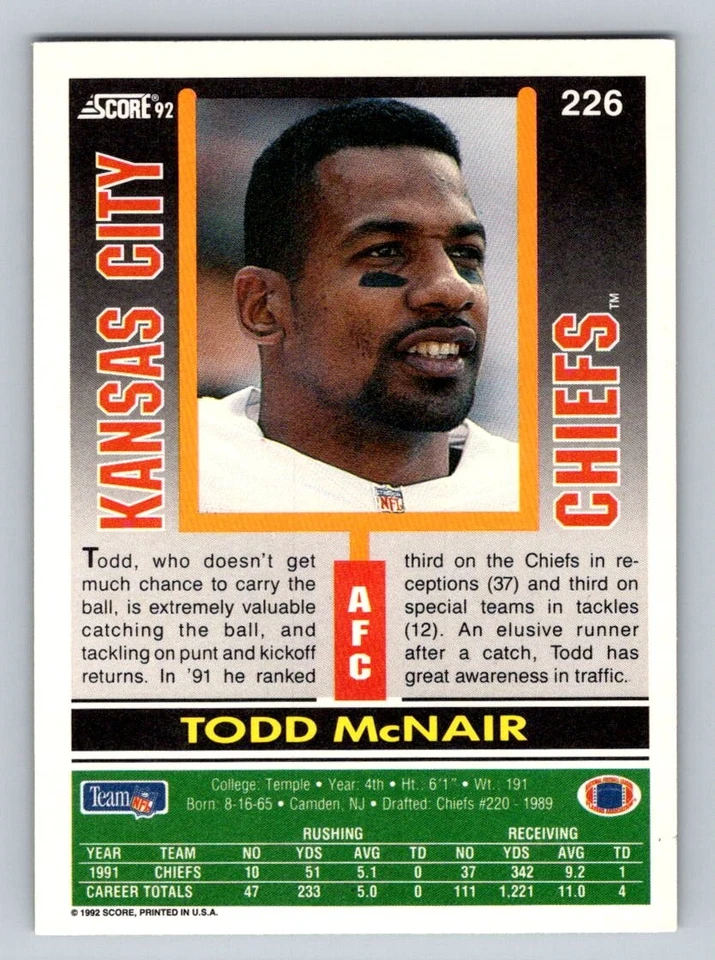1992 Score Todd McNair #226 Kansas City Chiefs - Image 2 of 2