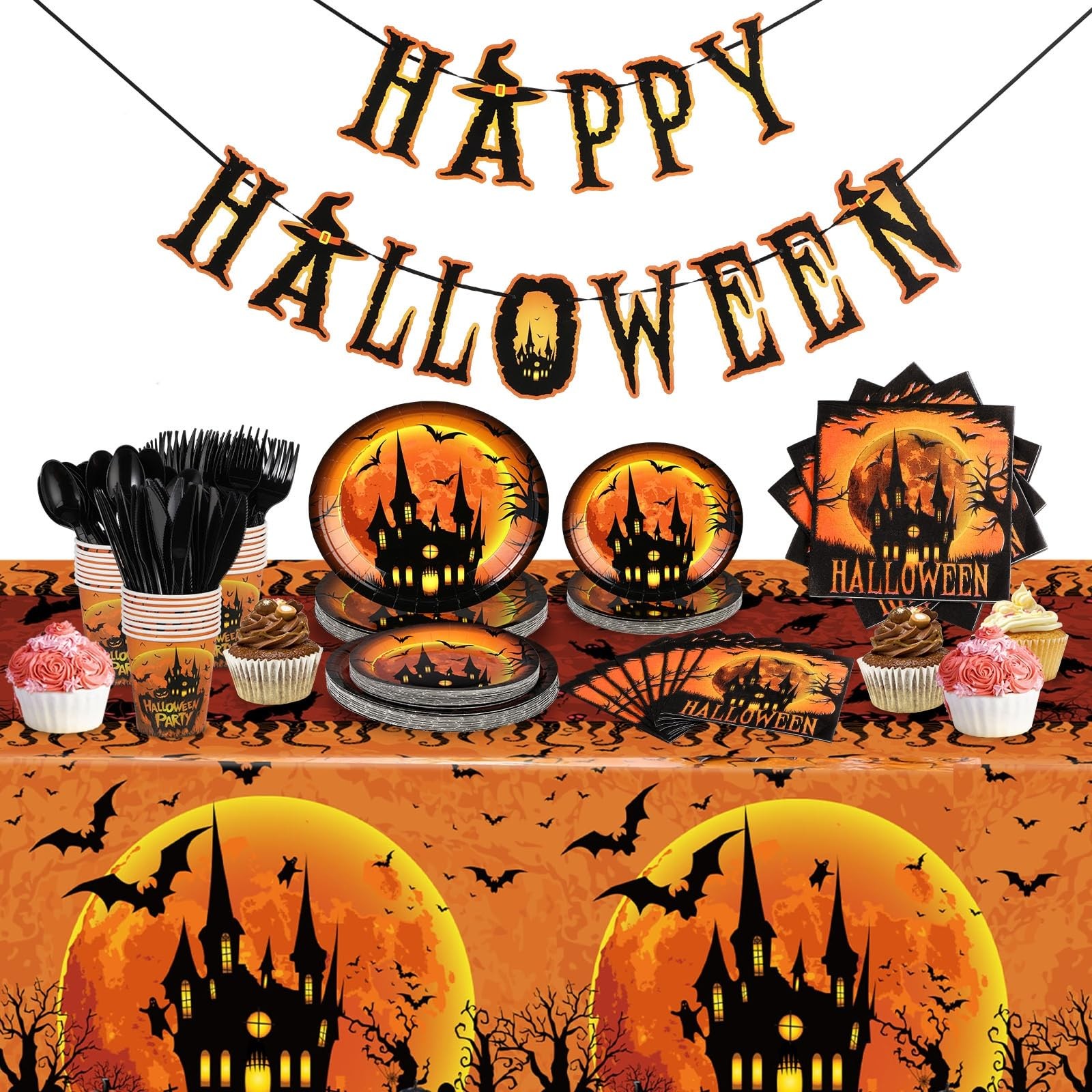 171 Pcs Halloween Party Supplies Disposable Tableware Set Halloween Plate Cup...