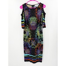 Joseph Ribkoff Dress SZ 10 Black Cold Shoulder Multi Sheath Knee Length Bodycon