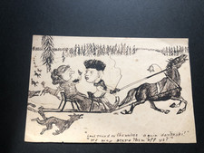 Pen and ink comic illustration Russian old lady chased by wolves