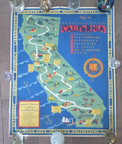 1939 "original" UNIVERSITY of CALIFORNIA Pictorial Map Showing The 7 Campuses