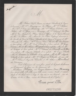 1873 Sterbeurkunde Frau BLAIS geboren Edmée MASCREY - Paris
