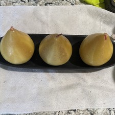3 -5 1/4” PEAR SHAPED CANDLES ON WOOD TRAY HOLDER - Never Lit