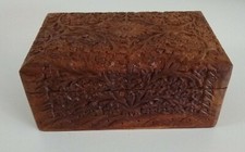 Vintage Carved Wooden Jewelry Trinket Box Ornate Flowers Velvet Lined India