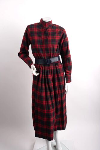Vintage Carrol Reed Plaid Pleated Dress Belted Red