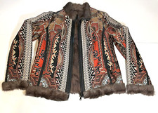 Etro Milano Women's 46 Reversible Dyed Brown Lamb Fur Jacket Coat Aztec Polyamid