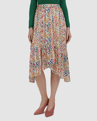 $285 BA & SH Womens Beige Asymmetric Floral Pleated Midi High Skirt Size XS US 4