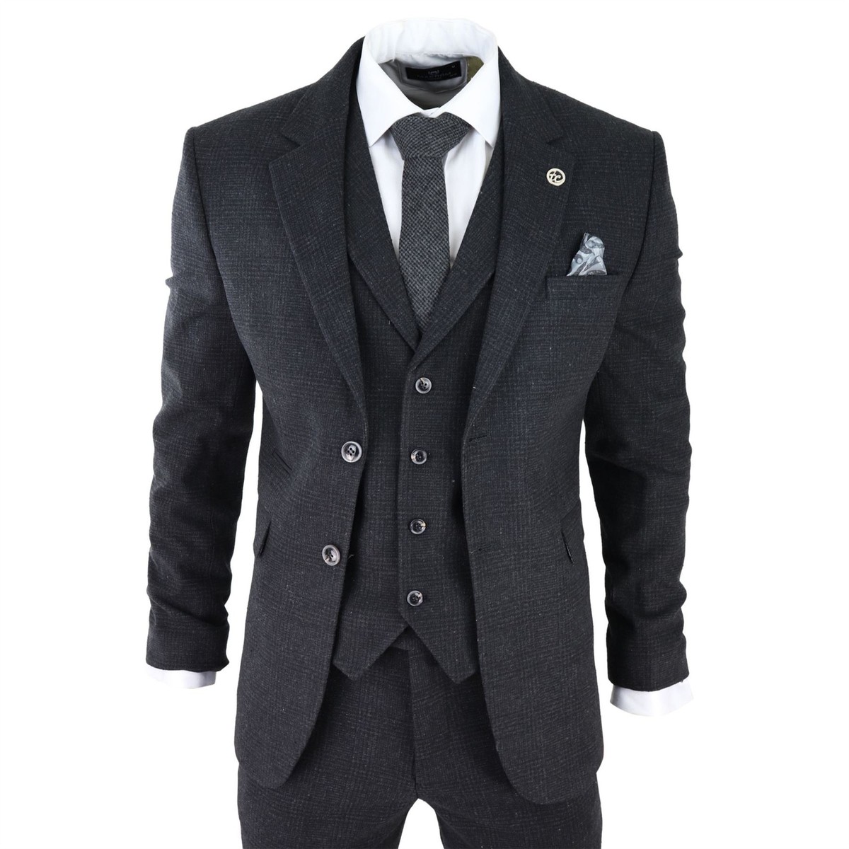Treat ürself tweed check vintage coat Mens Black Tweed 3 Piece Suit Check Vintage 1920s Gatsby