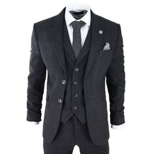 Mens Black Tweed 3 Piece Suit Check Vintage 1920s Gatsby Blinders Tailored Fit