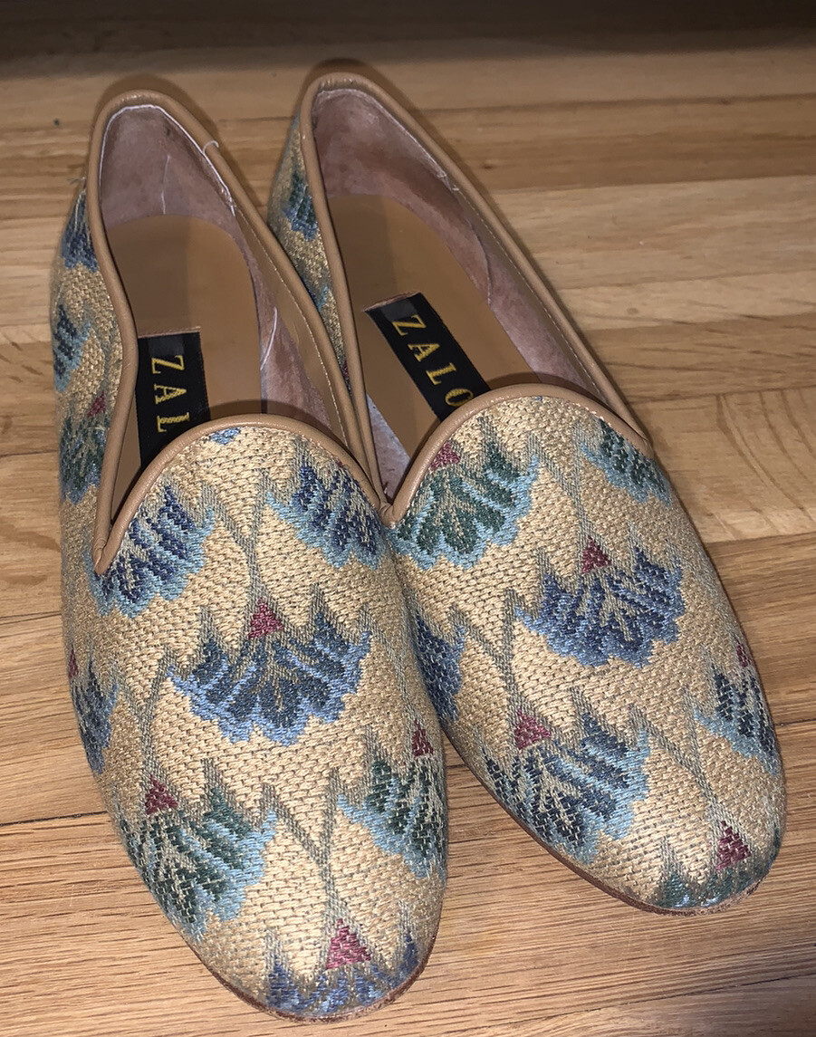 SAOLA Zalo Arazzo Floreale Scarpe Donna Suola Pelle Made In Spain Mocassini Tg. 7 N