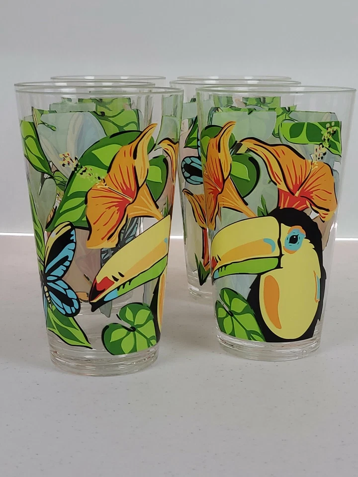 Vasos de té helado de plástico tropical tazas 20 oz tucán aves mariposas follaje Foto 4 de 4