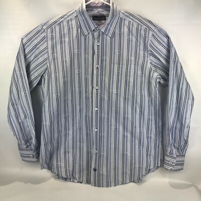 Bugatchi Uomo Mens Striped Water Droplets Button Down Shirt Blue Size XL 
