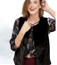 Chic Black Faux Fur Vest with Ribbed Knit Detail, Fashion Layering Piece, Medium