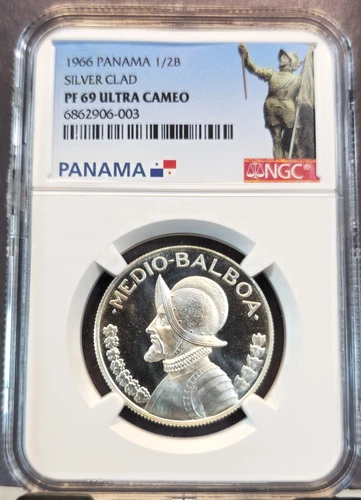 1966 PANAMA SILVER 1/2 BALBOA S1/2B NGC PF 69 ULTRA CAMEO RARE TOP POP