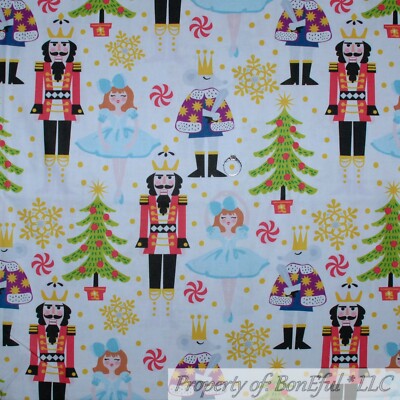 BonEful Fabric FQ Cotton Quilt White Red Green Xmas Tree Nutcracker Angel Candy