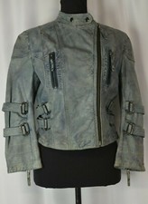 Top Shop Women's Leather Jacket Size 6 Full Zip Casual Boho Fun Blue Gray Moto