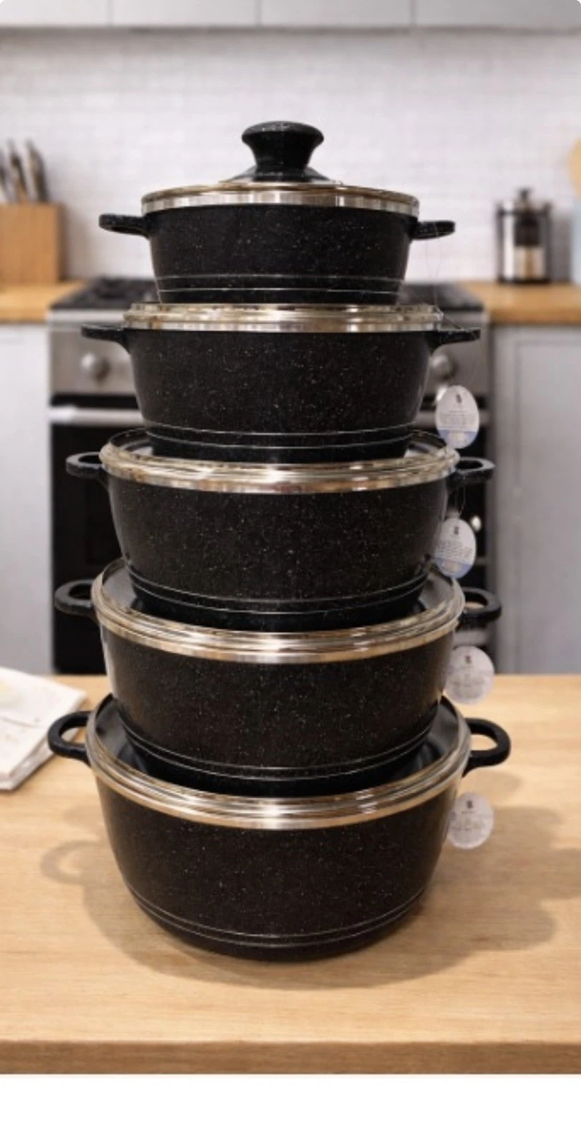 5-Piece Granite Casserole Pot Set with Lids – Non-Stick Cookware All Hobs -black
