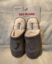 True Religion Women's Gray Slip-On Slippers Faux Fur Lined Size 9.5-10.5