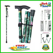 Durable Floral Green Folding Cane - Adjustable Height  Wrist Strap Included