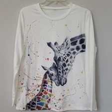 Giraffe Graphic Tee Shirt Womens XL L/S Colorful Art To Wear Animal Print