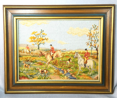 VTG Large Needlepoint Tapestry Edness Roots-1964 Fox Hunt Scene 23 x 18.5 Framed