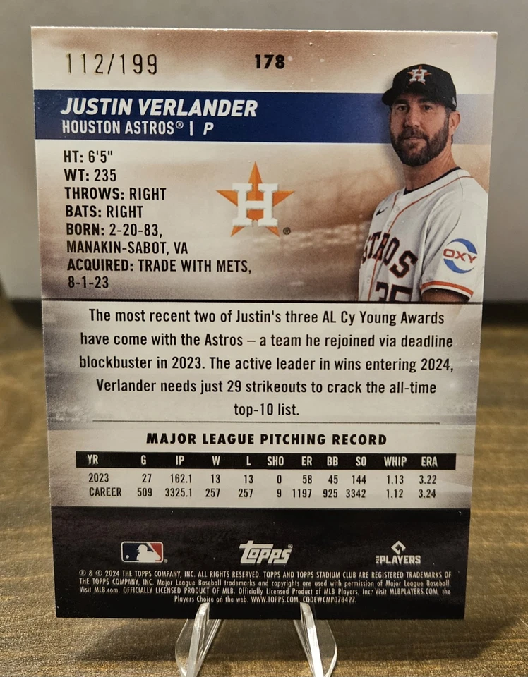 2024 Topps Stadium Club Justin Verlander #178 Green Foil /199 Houston Astros  - Image 2 of 2