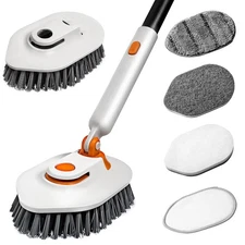 Bathroom Scrub Brush with Long Handle, 3-in-1 Tub and Tile Cleaner with 5 Rep...