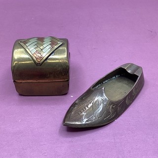 Vintage Brass Trinket Box and Engraved Shoe Ashtray Set MO#686