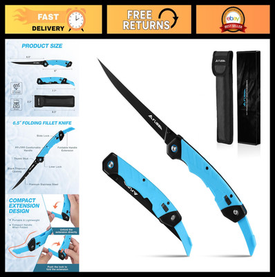 6.5'' Folding Fillet Knife with Sheath - Razor Sharp, Flexible Blade, Non-Slip Gr