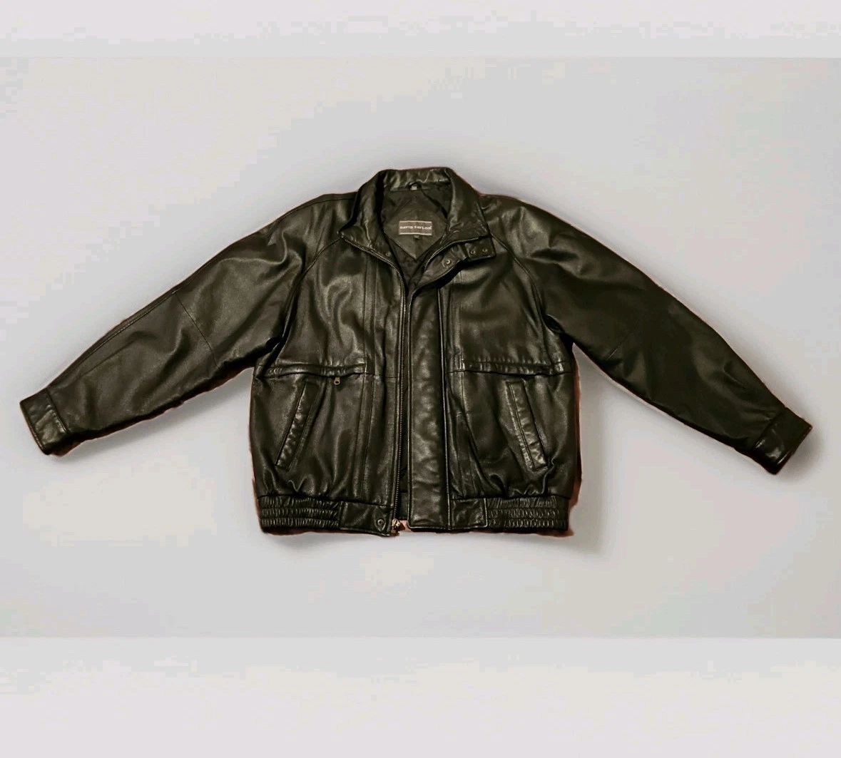 David Taylor Men's Vintage Leather Quilted Bomber Collared Jacket - Sz. L, Black