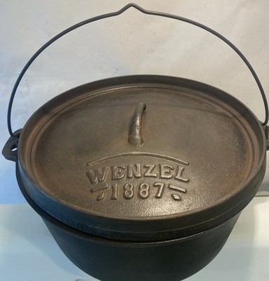 WENZEL 1887 Cast Iron Dutch Oven Roaster Camping w/ Lid Bail Handle 12'' Diameter