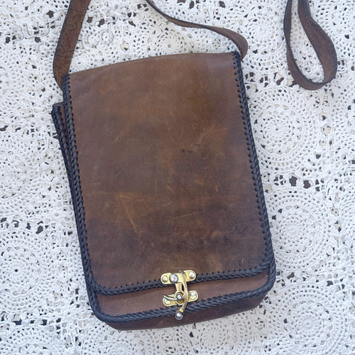 Vintage 70s Handmade Bison Leather Whipstitch Western Crossbody Messenger Bag - Image 1