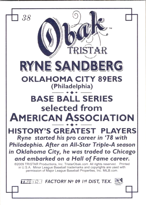 TRISTAR Obak 2009 - Ryne Sandberg #38 Chicago Cubs Foto 2 de 2